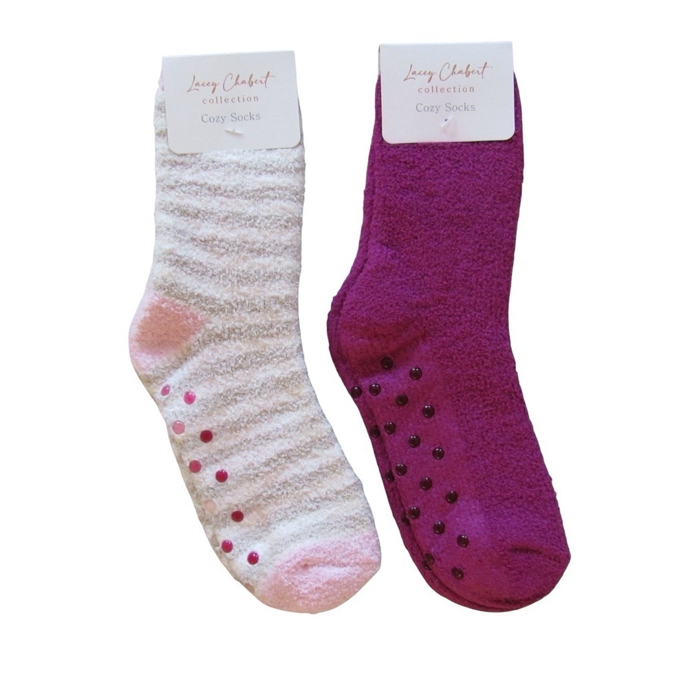 Lacey Chabert Collection Set Of 2 Cozy Socks Pink White Brown Striped Comfort